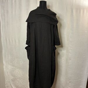 Unique Italian Black Linen Maxi Duster Shawl Collar Flowy Caftan L